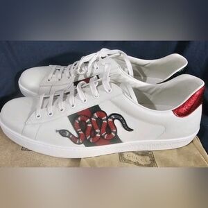 Gucci Ace Embroidered King Snake Sneakers White Red Green Men US Size 15.5 Used